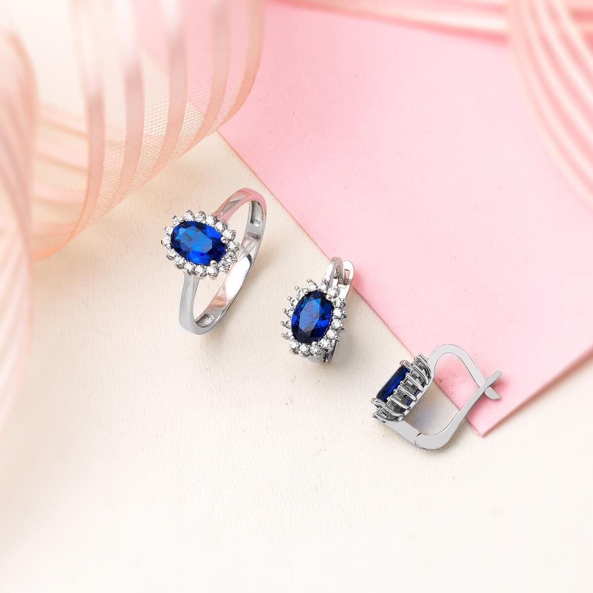 14K White Gold Blue Cubic Zirconia 3-Piece Set