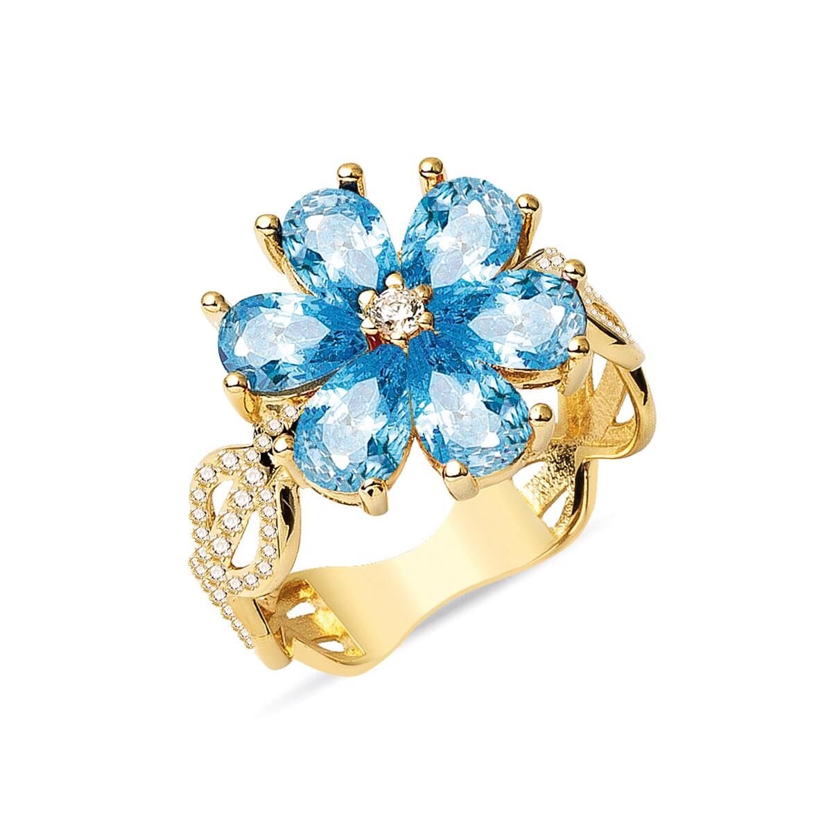 14K Yellow Gold Blue Flower Cubic Zirconia Ring (3.95 g)