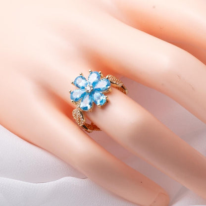 14K Yellow Gold Blue Flower Cubic Zirconia Ring (3.95 g)