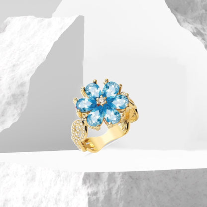14K Yellow Gold Blue Flower Cubic Zirconia Ring (3.95 g)