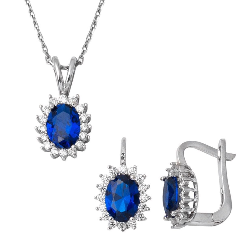 14K White Gold Blue Cubic Zirconia Necklace and Earrings Set