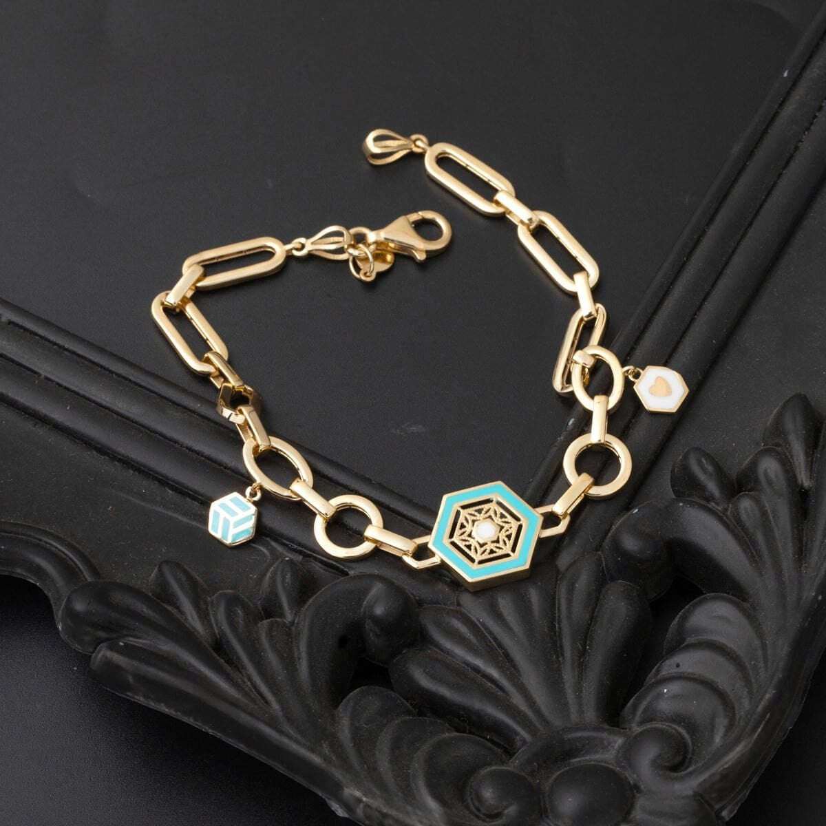14K Yellow Gold Designer Inspired Italian Enamel Turquoise Bracelet