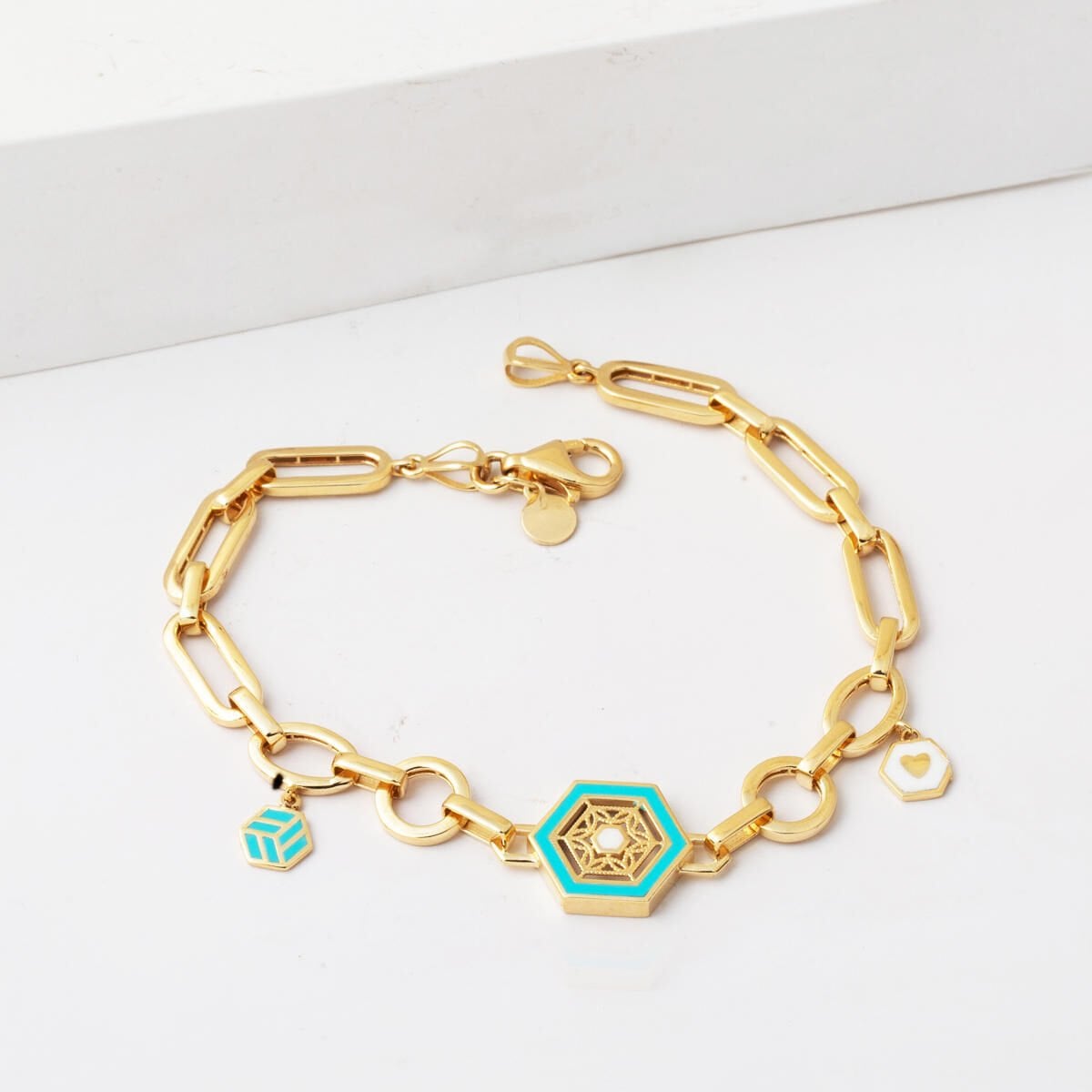 14K Yellow Gold Designer Inspired Italian Enamel Turquoise Bracelet