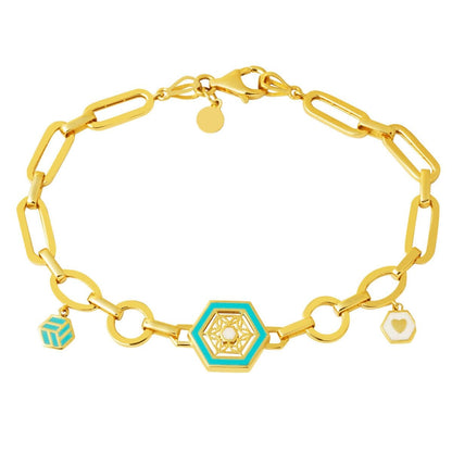14K Yellow Gold Designer Inspired Italian Enamel Turquoise Bracelet