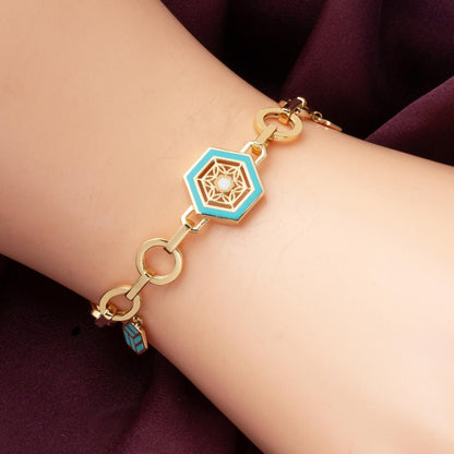14K Yellow Gold Designer Inspired Italian Enamel Turquoise Bracelet