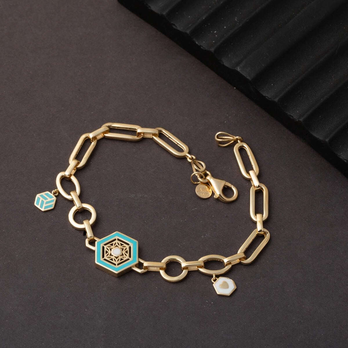 14K Yellow Gold Designer Inspired Italian Enamel Turquoise Bracelet
