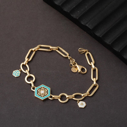 14K Yellow Gold Designer Inspired Italian Enamel Turquoise Bracelet