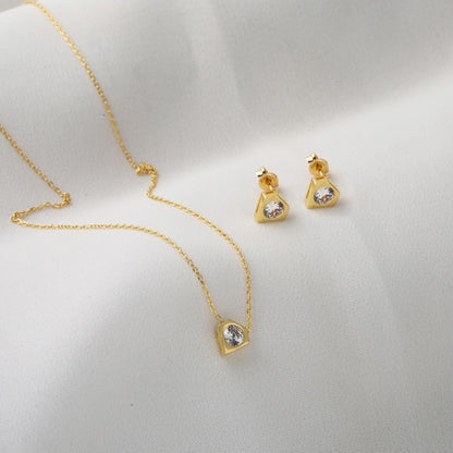 14K Yellow Gold Minimalist Solitaire Cubic Zirconia Necklace and Earrings Set