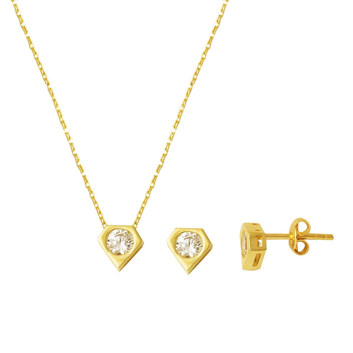 14K Yellow Gold Minimalist Solitaire Cubic Zirconia Necklace and Earrings Set