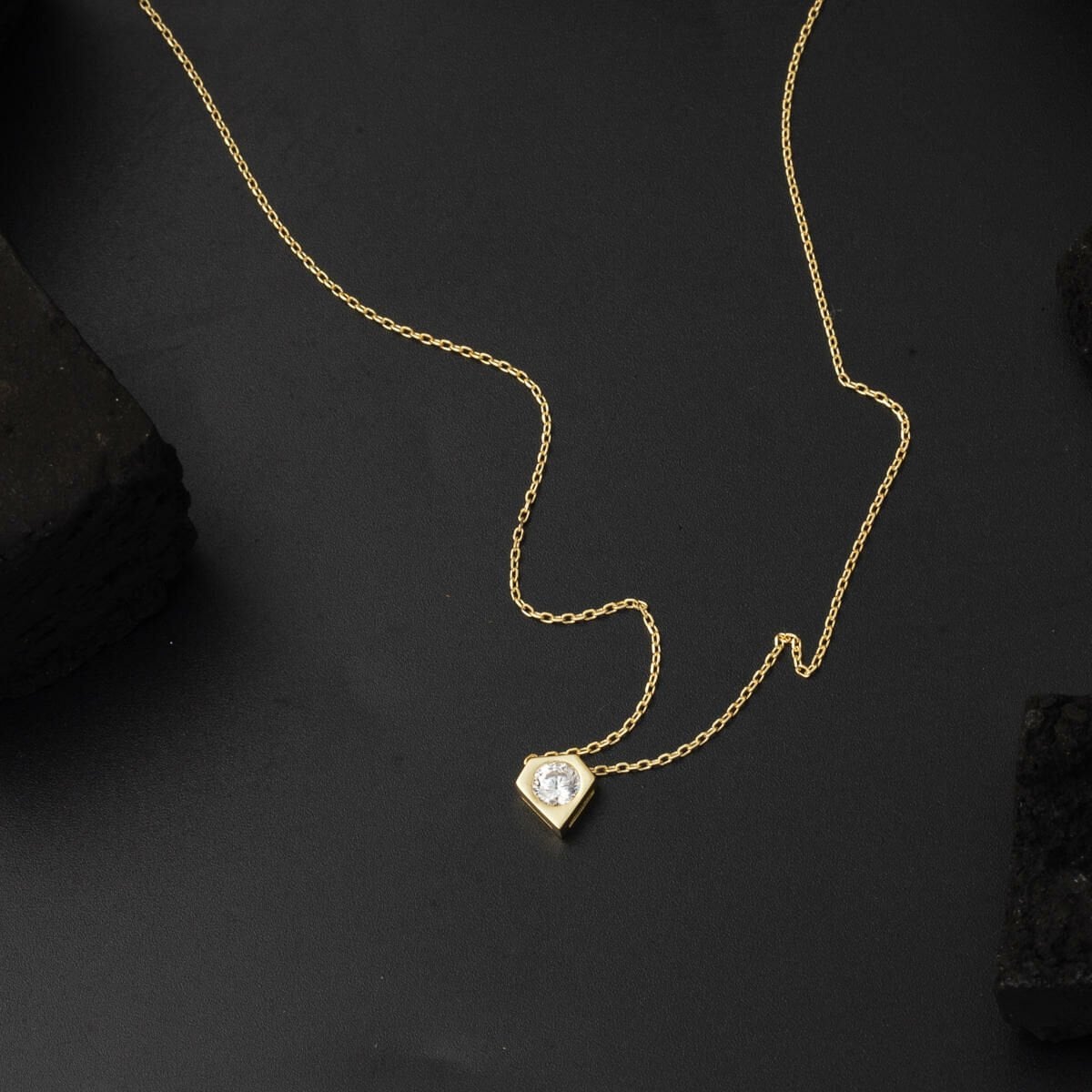 14K Yellow Gold Minimalist Solitaire Cubic Zirconia Necklace and Earrings Set