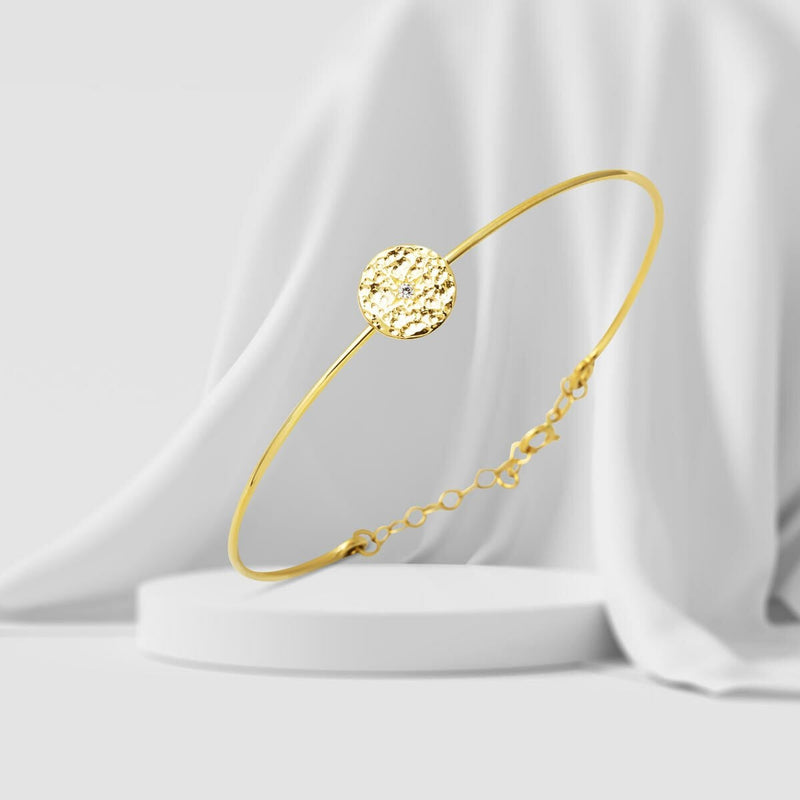14K Yellow Gold Modern Thin Minimalist Cubic Zirconia Bangle