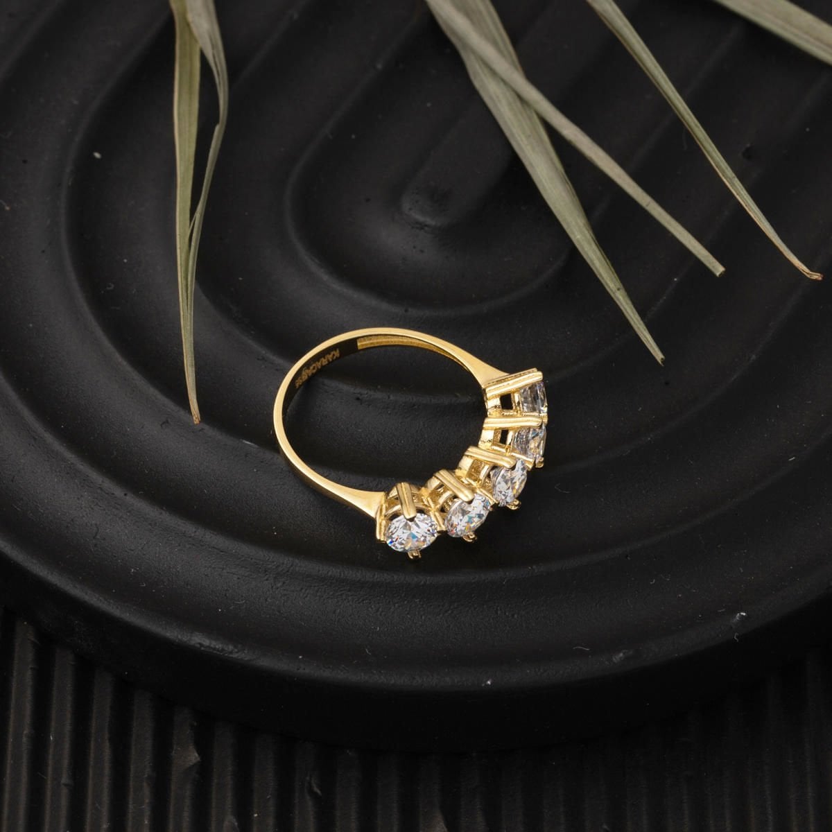 14K Yellow Gold Modern Five Stone Cubic Zirconia Ring