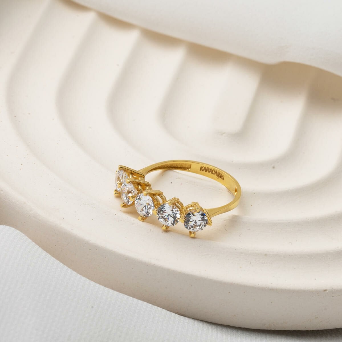14K Yellow Gold Modern Five Stone Cubic Zirconia Ring