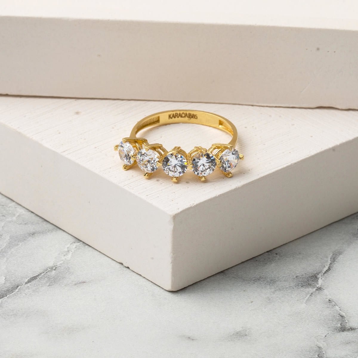 14K Yellow Gold Modern Five Stone Cubic Zirconia Ring