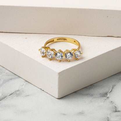 14K Yellow Gold Modern Five Stone Cubic Zirconia Ring