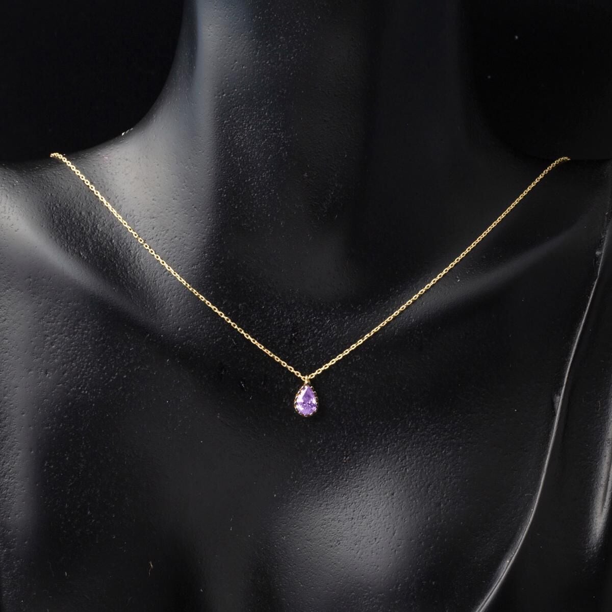 14K Yellow Gold Purple Teardrop Cubic Zirconia Necklace