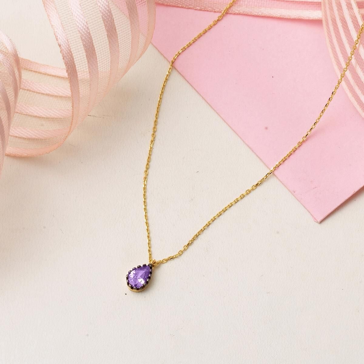 14K Yellow Gold Purple Teardrop Cubic Zirconia Necklace
