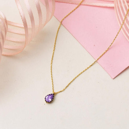 14K Yellow Gold Purple Teardrop Cubic Zirconia Necklace