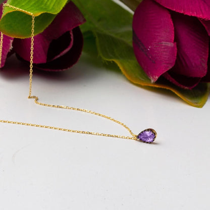 14K Yellow Gold Purple Teardrop Cubic Zirconia Necklace