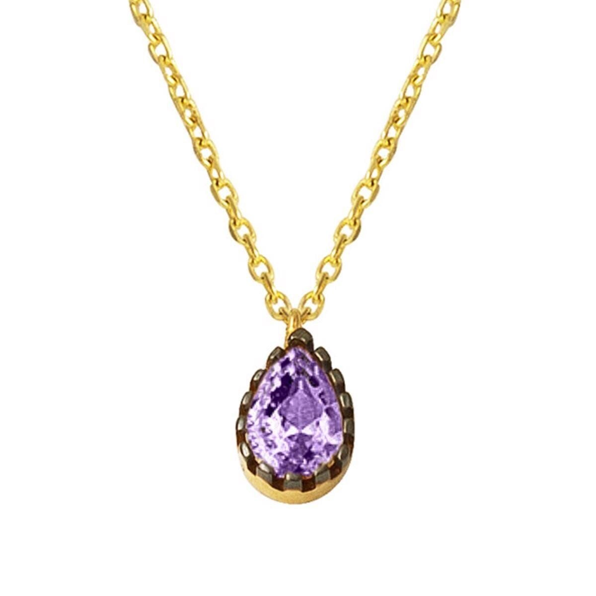 14K Yellow Gold Purple Teardrop Cubic Zirconia Necklace