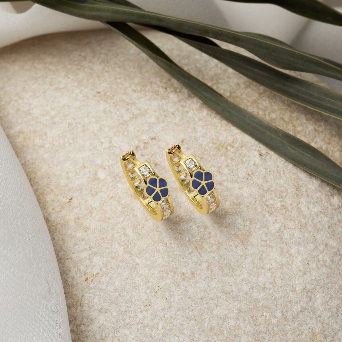 14K Yellow Gold Purple Daisy Cubic Zirconia Children's Hoop Earrings