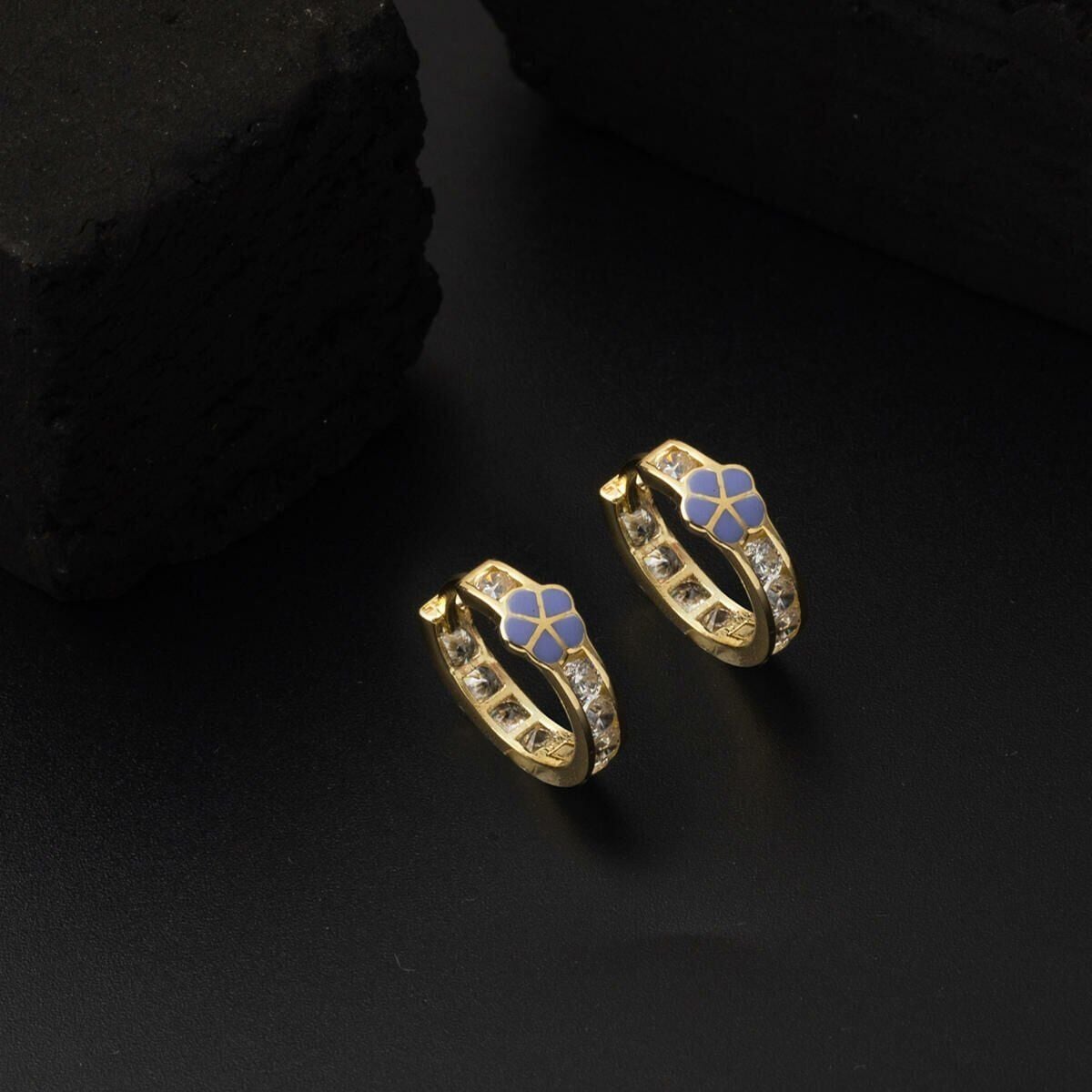 14K Yellow Gold Purple Daisy Cubic Zirconia Children's Hoop Earrings