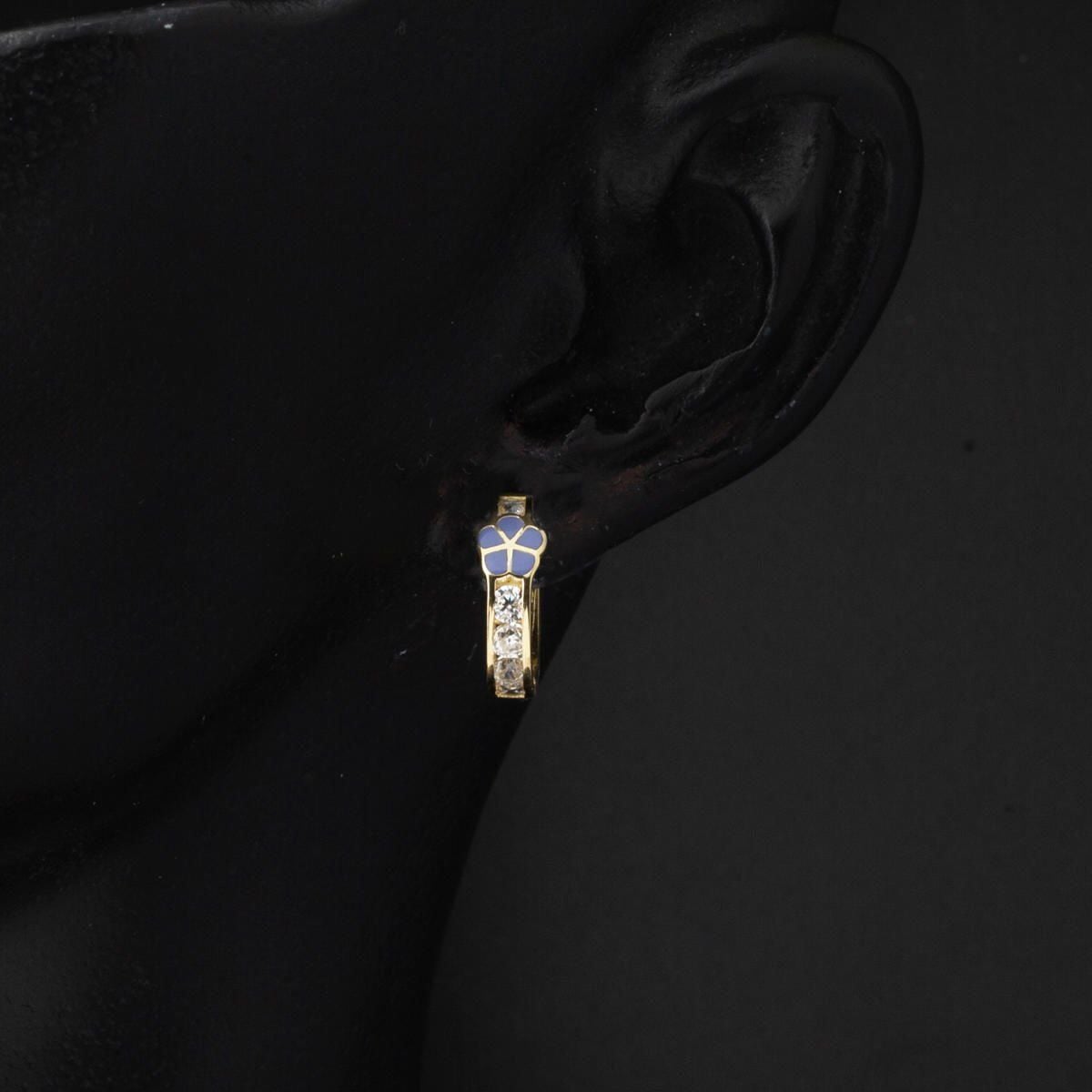 14K Yellow Gold Purple Daisy Cubic Zirconia Children's Hoop Earrings