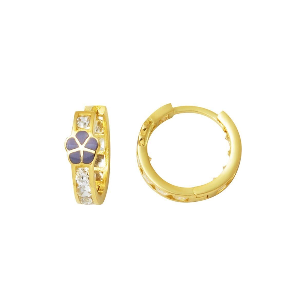 14K Yellow Gold Purple Daisy Cubic Zirconia Children's Hoop Earrings