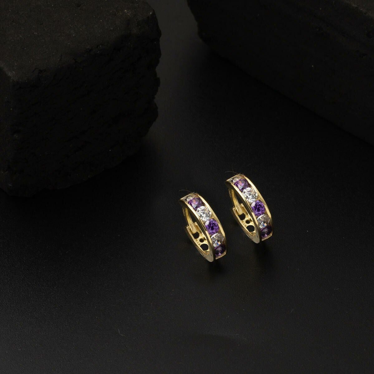 14K Yellow Gold Purple Cubic Zirconia Hoop Baby Girl's Earrings
