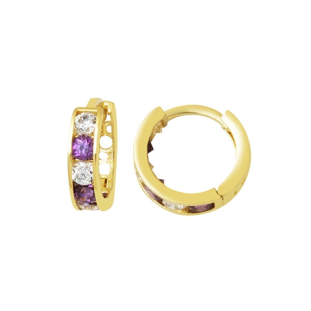14K Yellow Gold Purple Cubic Zirconia Hoop Baby Girl's Earrings