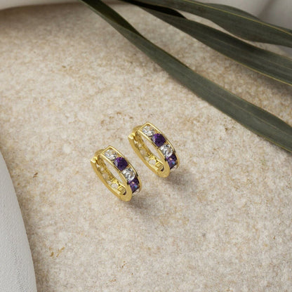 14K Yellow Gold Purple Cubic Zirconia Hoop Baby Girl's Earrings