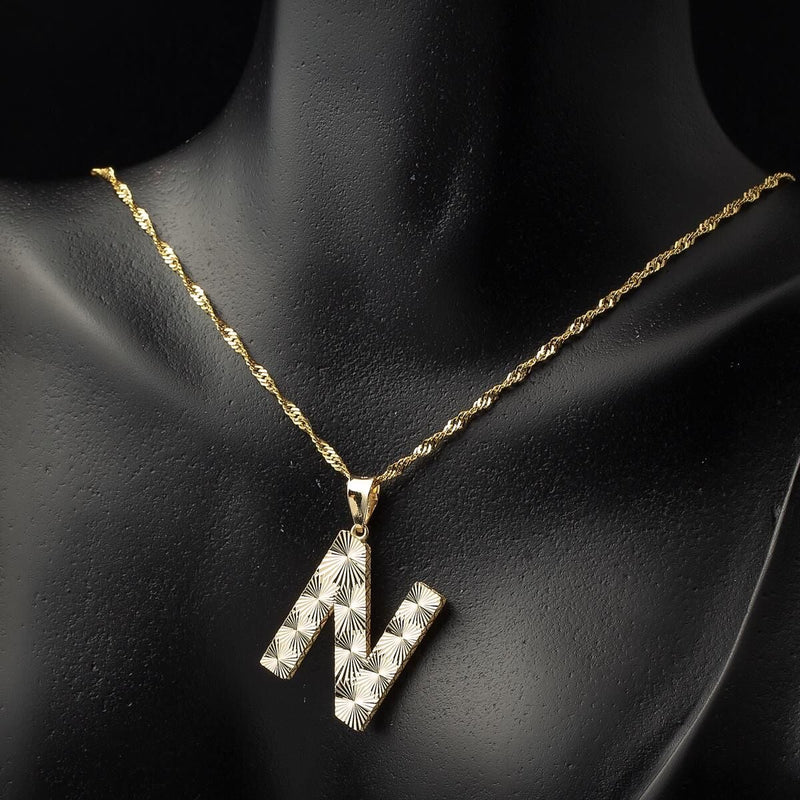 14K Yellow Gold N Initial 3 Dimensional Necklace