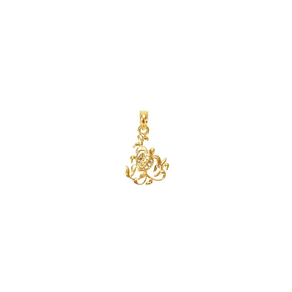 14K Yellow Gold Textured Mini Sea Turtle And Kelp Charm