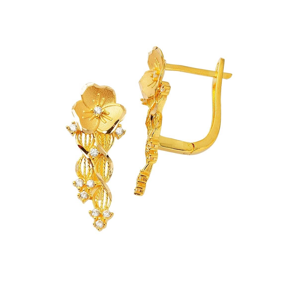 22K Yellow Gold Water Lily Cubic Zirconia Earrings