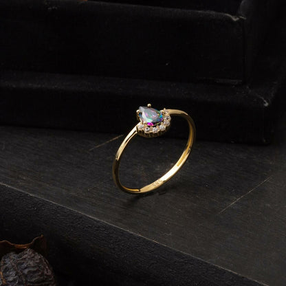 14K Yellow Gold Obsidian Teardrop Design Cubic Zirconia Ring