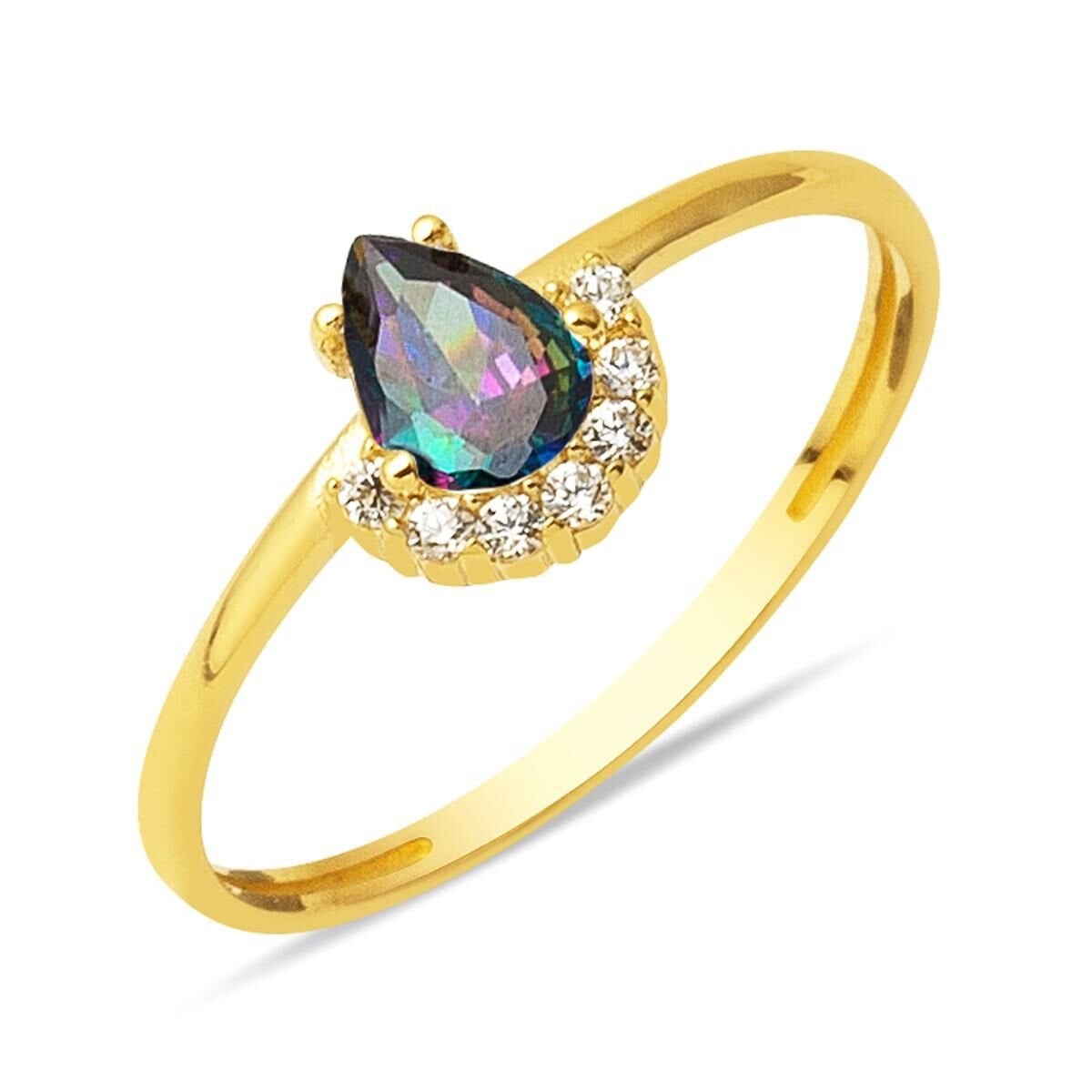 14K Yellow Gold Obsidian Teardrop Design Cubic Zirconia Ring