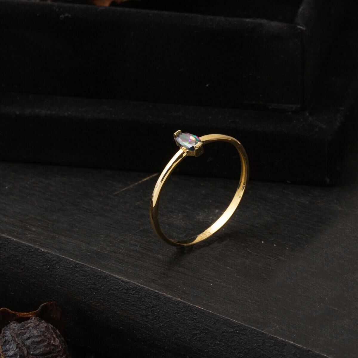 14K Yellow Gold Obsidian Cubic Zirconia Ring