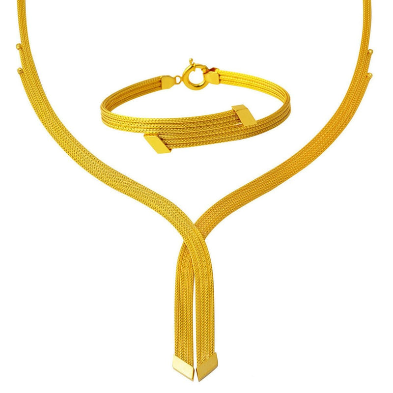 14K Yellow Gold Braided Wedding Double Choker Necklace and Bracelet Set