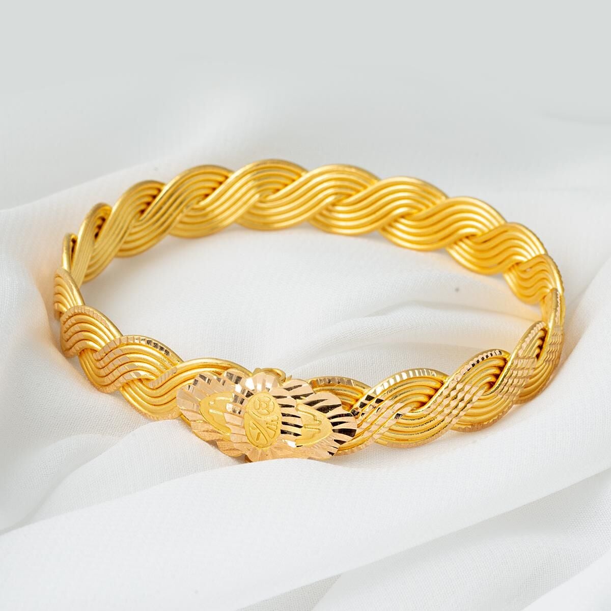 22K Yellow Gold Braided Motif Hinged Cuff Bangle