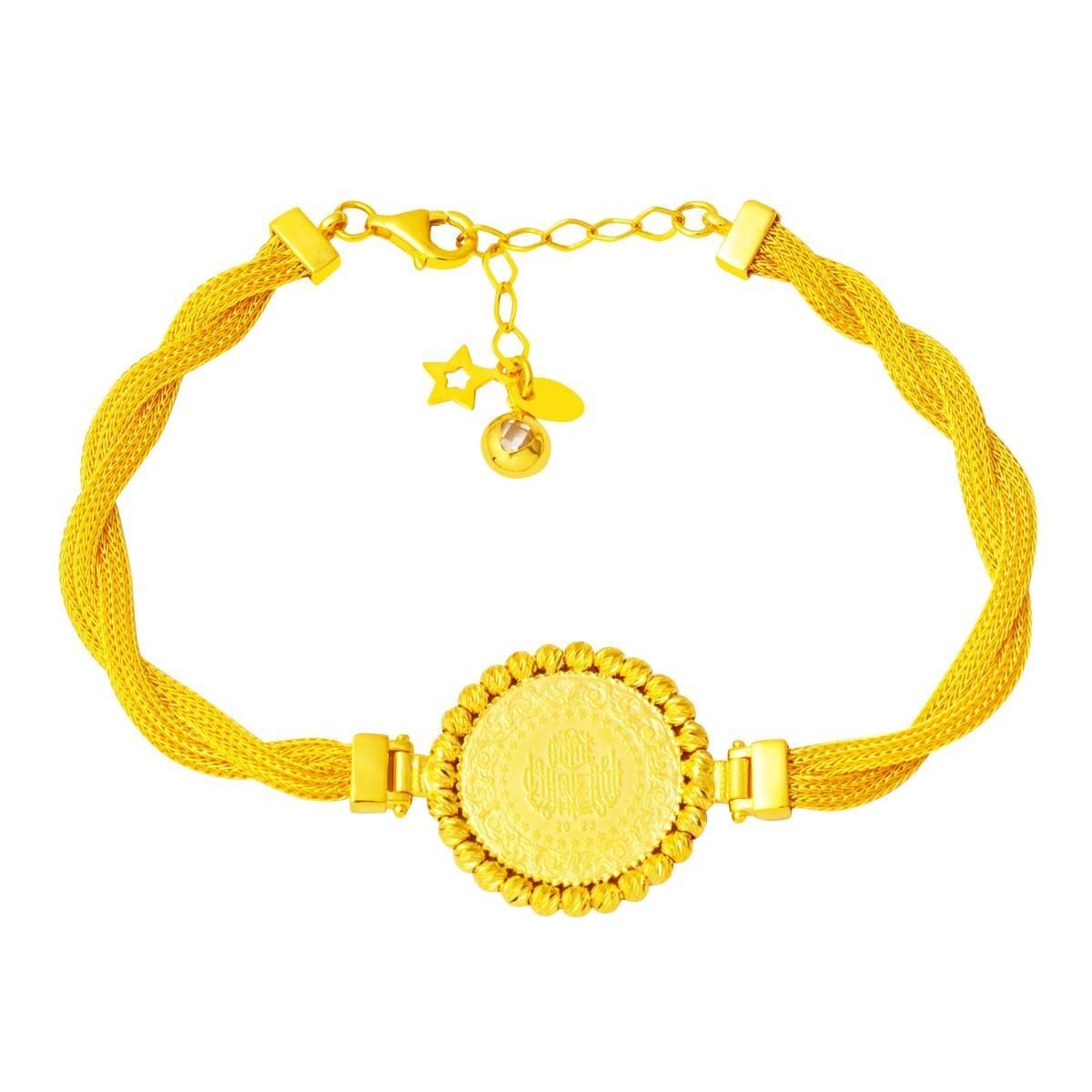 14K Yellow Gold Braided Chain Quarter Coin Gold Bead Bracelet