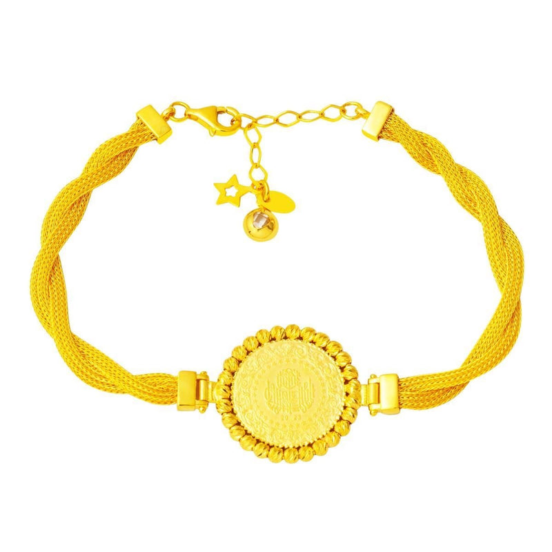 14K Yellow Gold Braided Chain Quarter Coin Gold Bead Bracelet