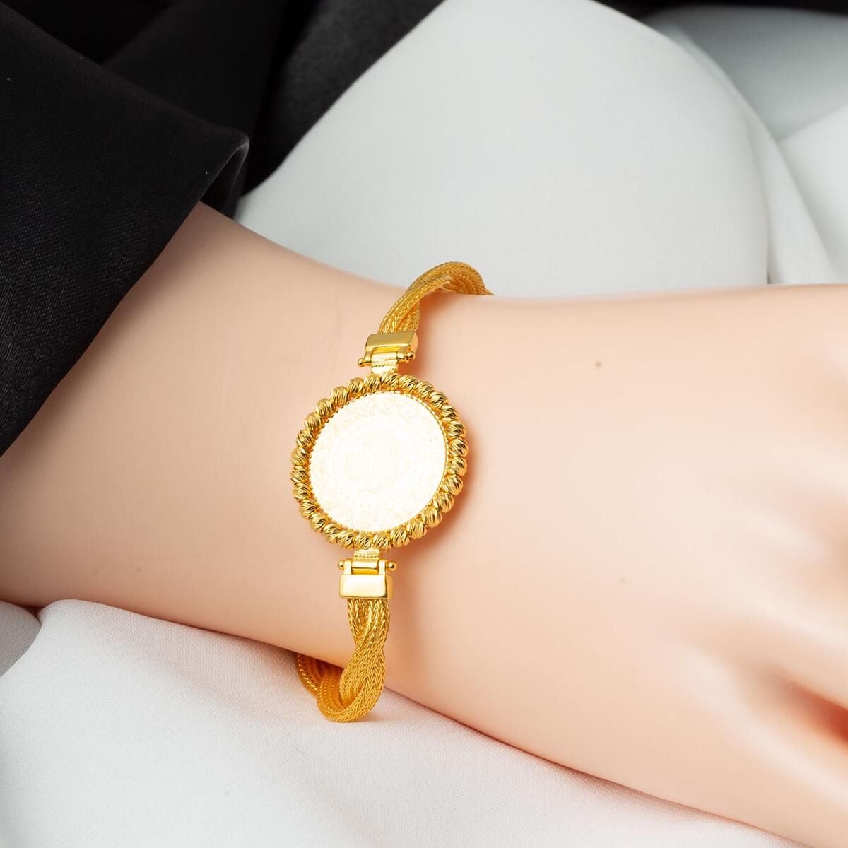 14K Yellow Gold Braided Chain Quarter Coin Gold Bead Bracelet