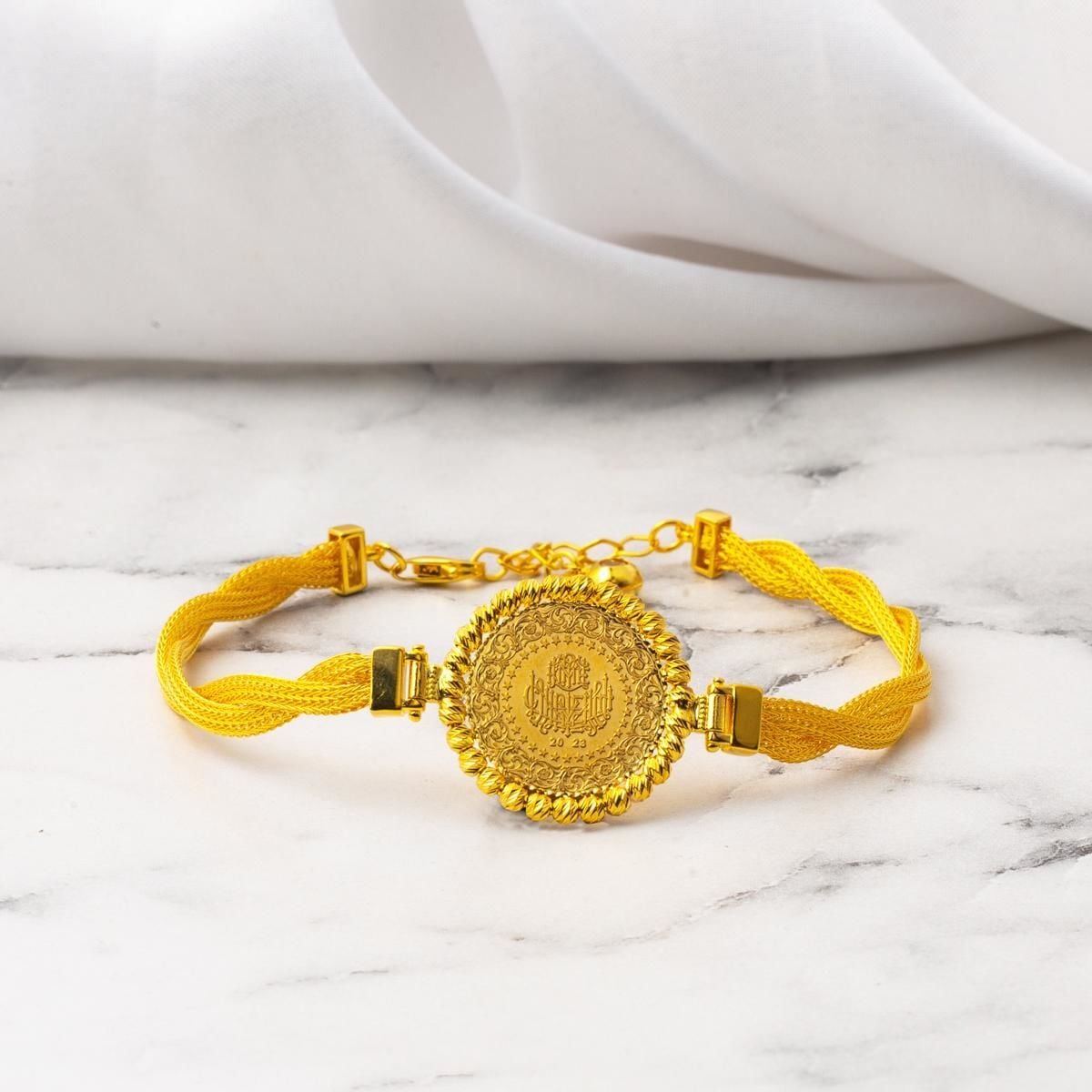 14K Yellow Gold Braided Chain Quarter Coin Gold Bead Bracelet