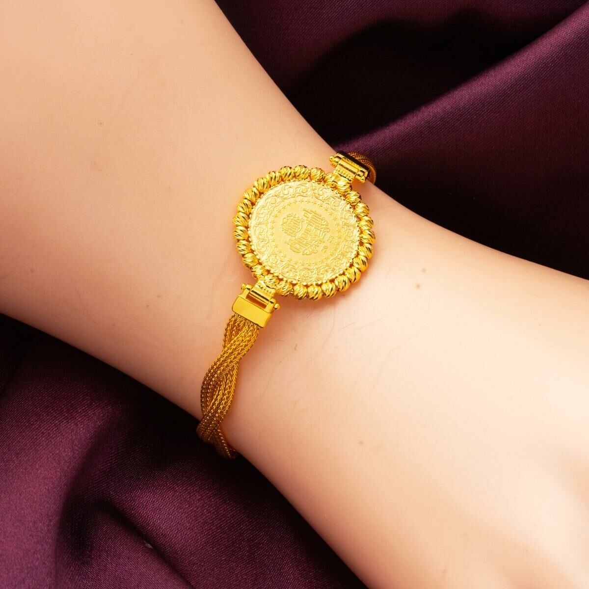 14K Yellow Gold Braided Chain Quarter Coin Gold Bead Bracelet