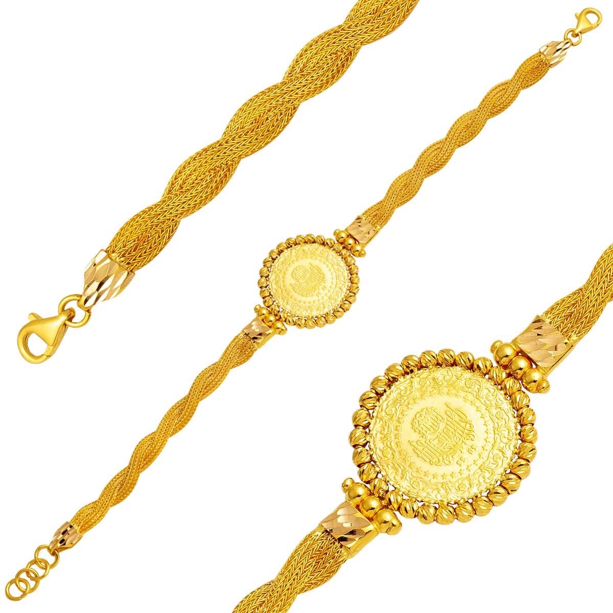 22K Yellow Gold Braided Chain Quarter Coin Bracelet