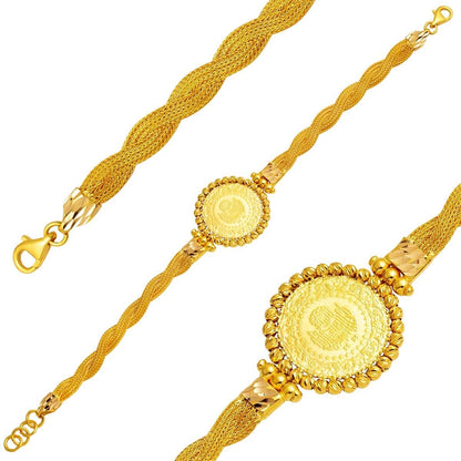 22K Yellow Gold Braided Chain Quarter Coin Bracelet