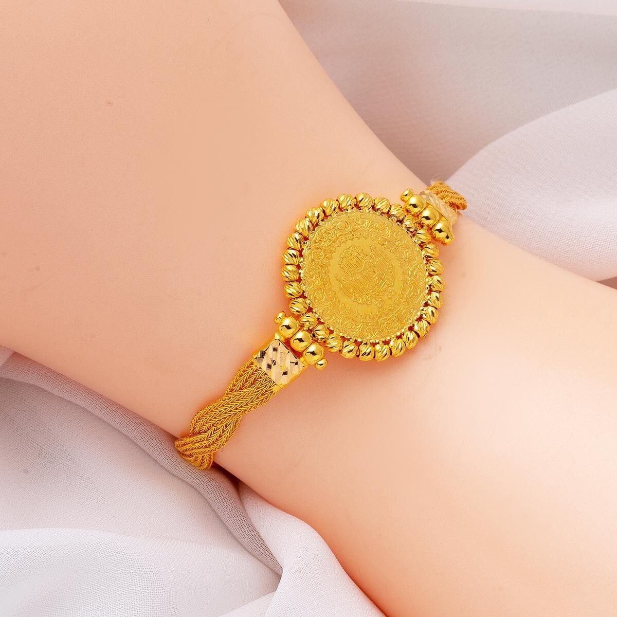 22K Yellow Gold Braided Chain Quarter Coin Bracelet