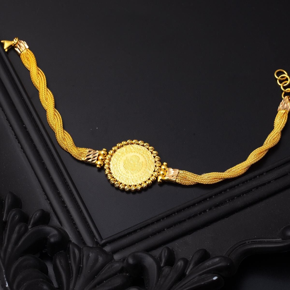 22K Yellow Gold Braided Chain Quarter Coin Bracelet