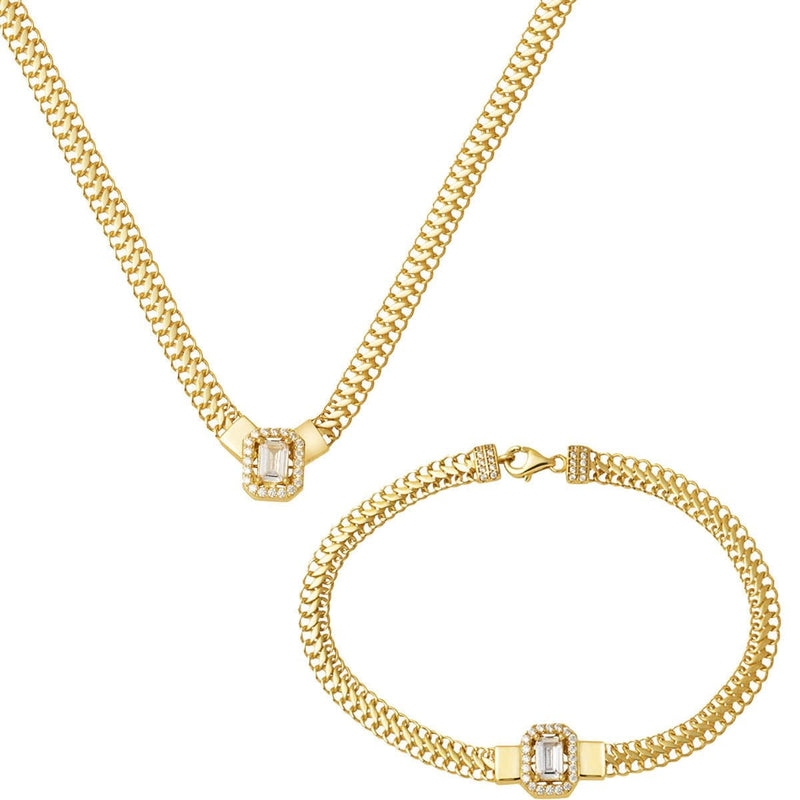 14K Yellow Gold Woven Chain Baguette Cubic Zirconia Set