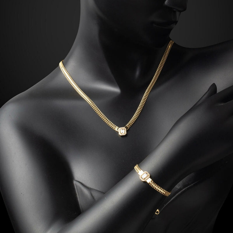14K Yellow Gold Woven Chain Baguette Cubic Zirconia Set